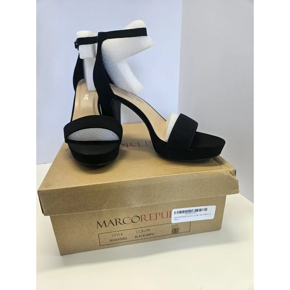 Stylish High Block Heel Women's Size 8 Open Toe Platform Ankle Strap Black Suede